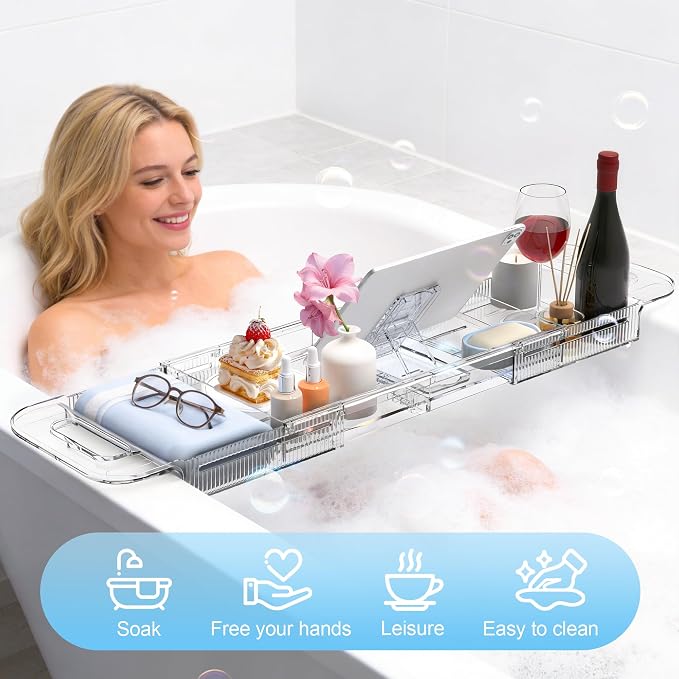 Expandable Bathtub Tray Caddy, AZ. MIFENO Clear Acrylic Bath Tray - Image 6