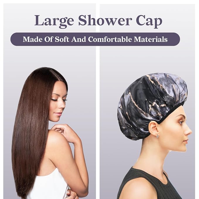Black Marble Print Satin Shower Cap, Three-Layer Terry Cloth Lined, - Image 7