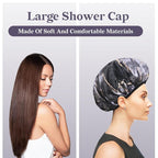 Black Marble Print Satin Shower Cap, Three-Layer Terry Cloth Lined, - Image 7