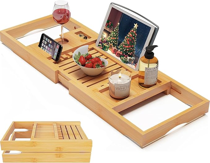 Foldable Bamboo Bathtub Caddy Tray Expandable by BAMBUROBA