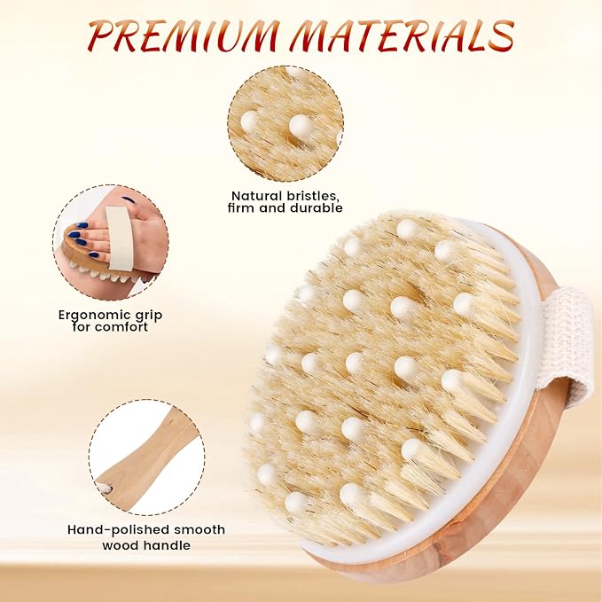 Dry Brush Set-4 Packs Natural Boar Bristle Dry Brushing Body Brush Exfoliating - Image 3