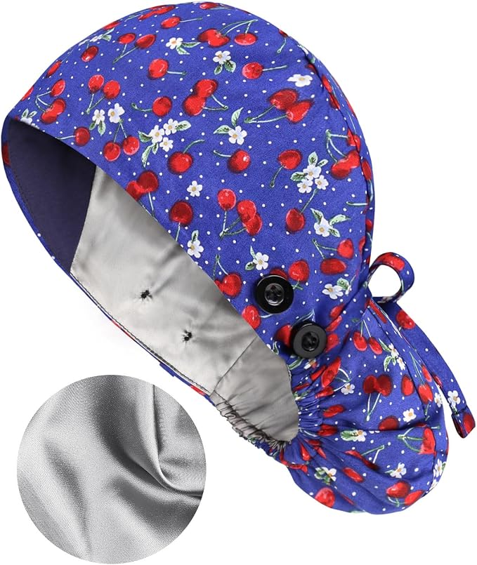 Satin Lined Scrub Caps with Buttons & Sweathand, Surgical Caps - Image 3