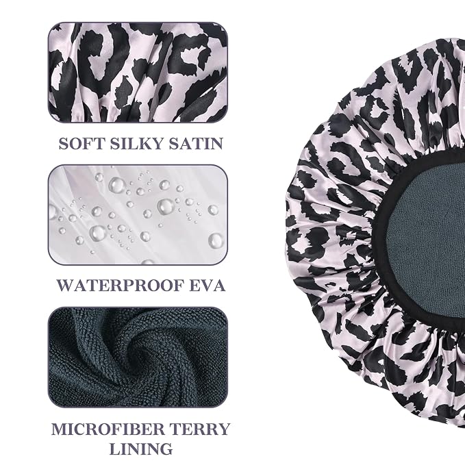 Pink Leopard Print Satin Shower Cap, Three-Layer Terry Cloth Lined, - Image 3
