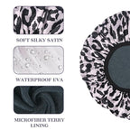 Pink Leopard Print Satin Shower Cap, Three-Layer Terry Cloth Lined, - Image 3