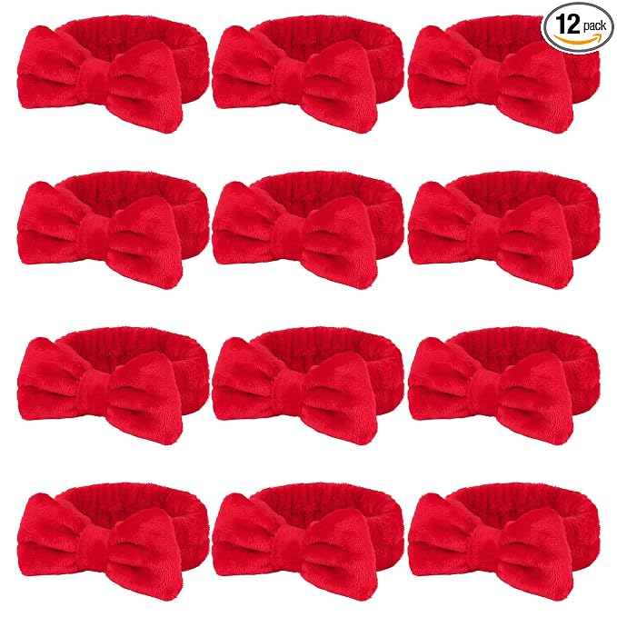 Casoty 12 Pcs Red Spa Headbands, Facewash Headbands, Soft Coral Fleece Makeup by Casoty