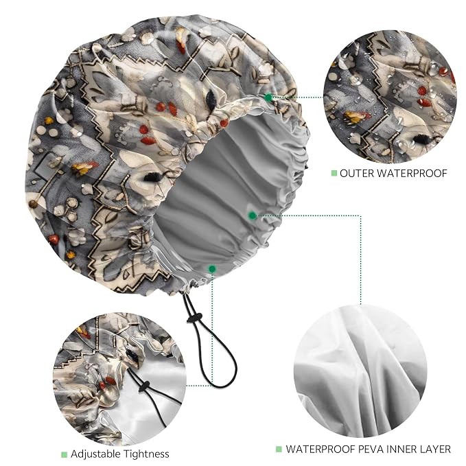 2 PCS Shower Cap Waterproof Double Layer Elastic Adjustable Reusable Hair Bath - Image 3