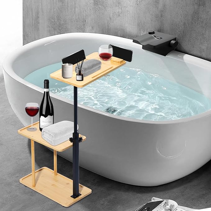 3 Layer Bath Tub Tray Table Liftable Freestanding Bamboo Bath Tray Caddy by Sibosen