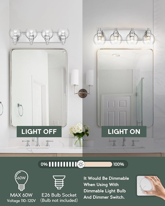 Bathroom Light Fixtures, 4 Light Brushed Nickel Vanity Light, 26 Inch Modern - Image 2
