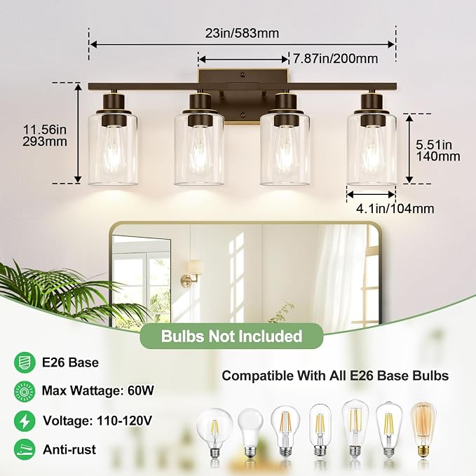 Indoi 4 Light Bathroom Light Fixtures, Oil-Rubbed Bronze Modern Vanity Lights - Image 8
