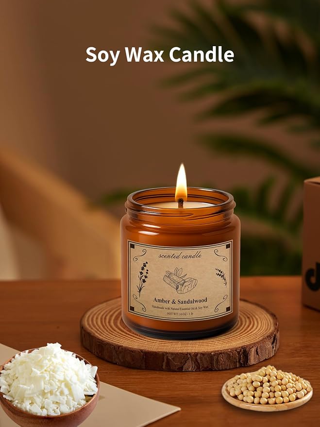 Scented Candles, 16oz Large Jar Soy Wax Candle – Amber & Sandalwood - Image 3