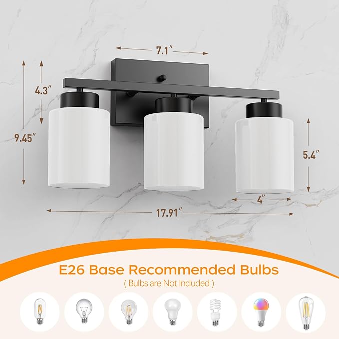 PARTPHONER 3-Light Matte Black Bathroom Light Fixtures, Modern Vanity Light - Image 2