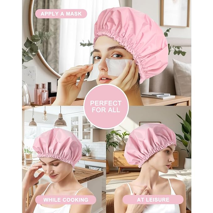 Shower Cap for Women, Double Layer Waterproof Bath Cap, Reusable Hair Protector - Image 3