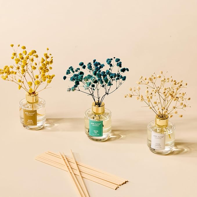 Airkeep Reed Diffuser Set of 3, Clean Cotton White Jasmine White Tea Oil Reed - Image 6