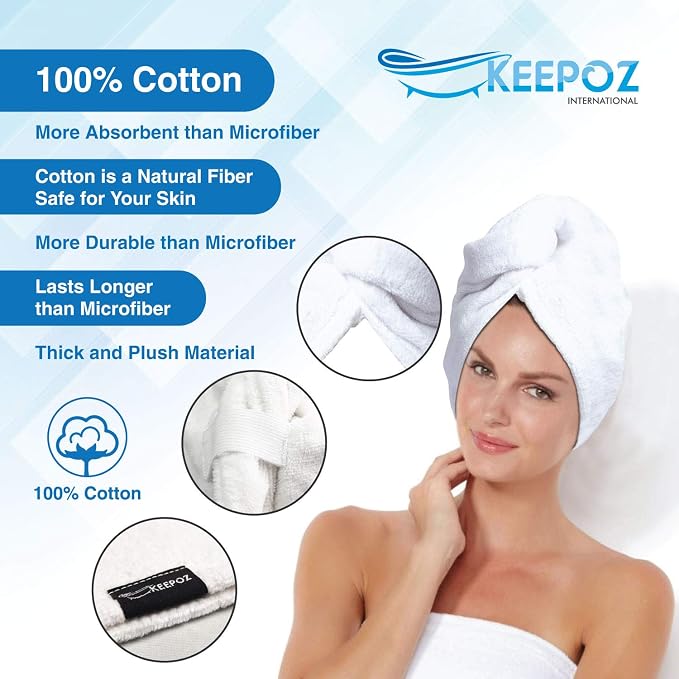 KEEPOZ 100% Cotton Hair Towel Wrap Quick Dry Super Absorbent Turban Head Wrap - Image 5