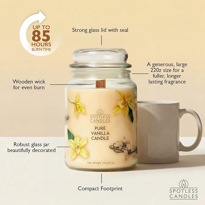Pure Vanilla Scented Candle 22oz – 80-85 Hour Burn Time, Wooden Wick, Large - Image 4