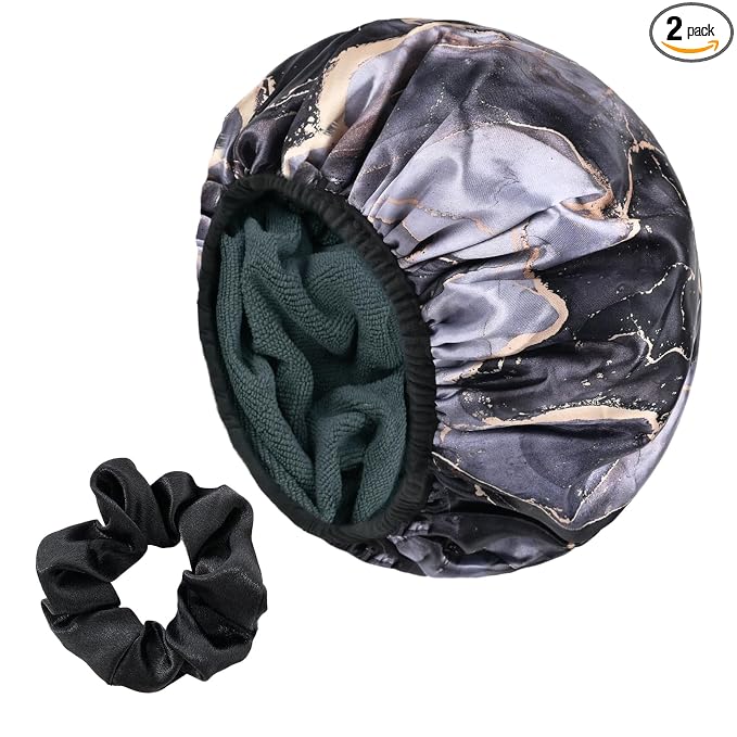 Black Marble Print Satin Shower Cap, Three-Layer Terry Cloth Lined, by Yonchic