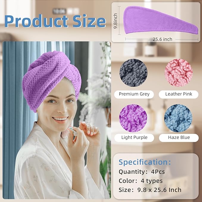 Amrules Hair Towel Wrap, 4 Packs 9.8 x 25.6 Inch Towel Turbans - Image 2