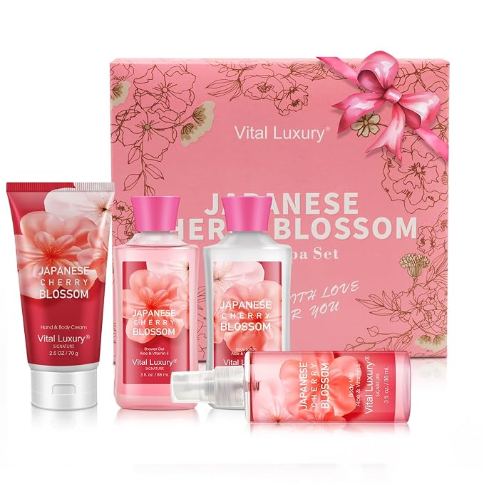 Mother’s Day Gift Set for Women – 4PC Japanese Cherry Blossom Luxury Spa Kit by Bodybeau