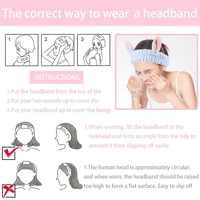 musejoy 2 Pcs Headband Bunny Ears Headband Cute Spa Headbands - Image 5