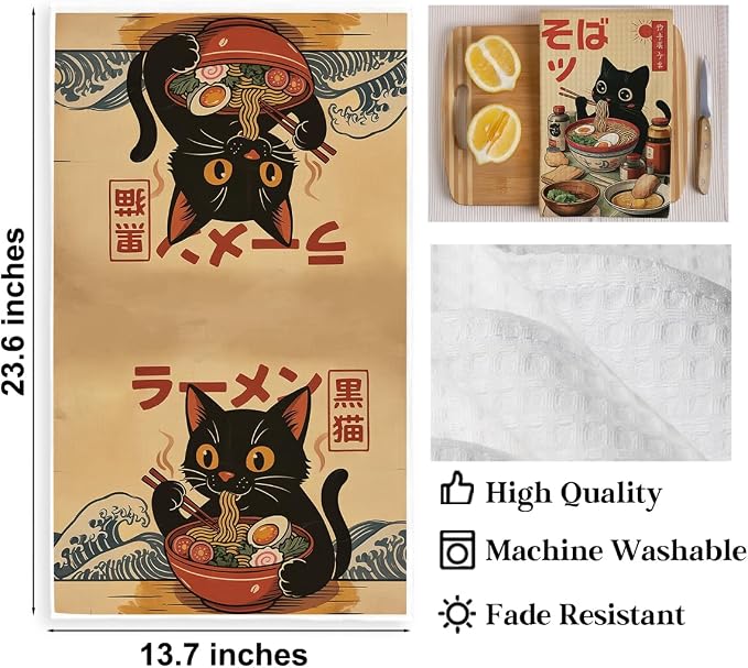 2PCS Vintage Japanese Cat Kitchen Towels, Quirky Ramen Cat Reusable Absorbent - Image 2