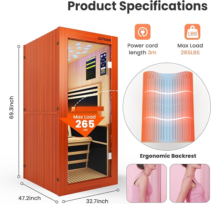 OUTEXER Infrared Sauna 1495W Wooden Saunas Spa Room Pacific Clear Cedar Wood - Image 4