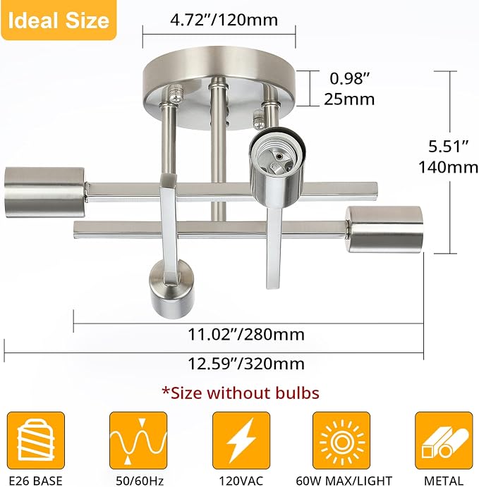SunRider Industrial 4-Light Semi Flush Mount Ceiling Light Fixture, Brushed - Image 2