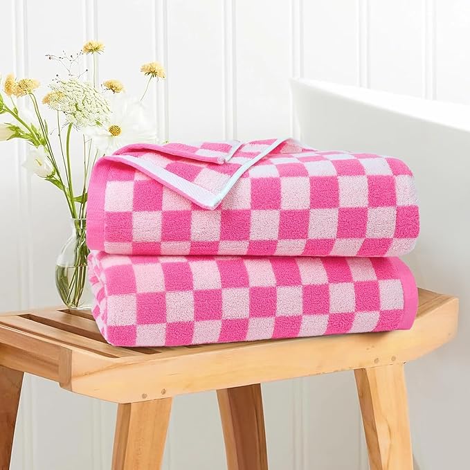 Jacquotha Hot-Pink Checkered Cotton Bath Towels Set of 2 - Image 2