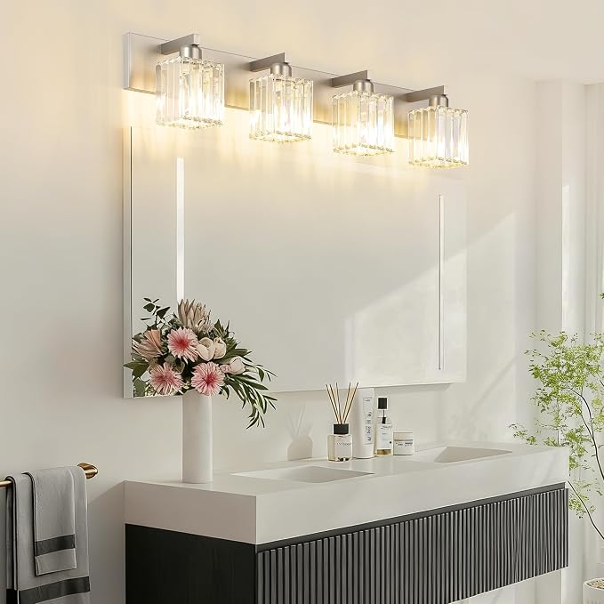 Aipsun Brushed Nickel Bathroom Lighting Fixtures 4 Light Crystal Modern - Image 8