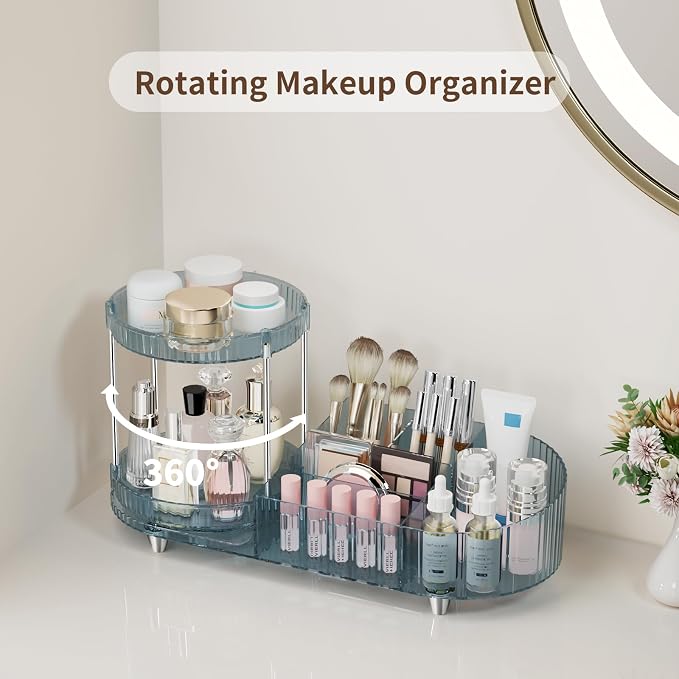 Rotating Makeup Organizer for Vanity, 2 Perfume Trays - Image 2