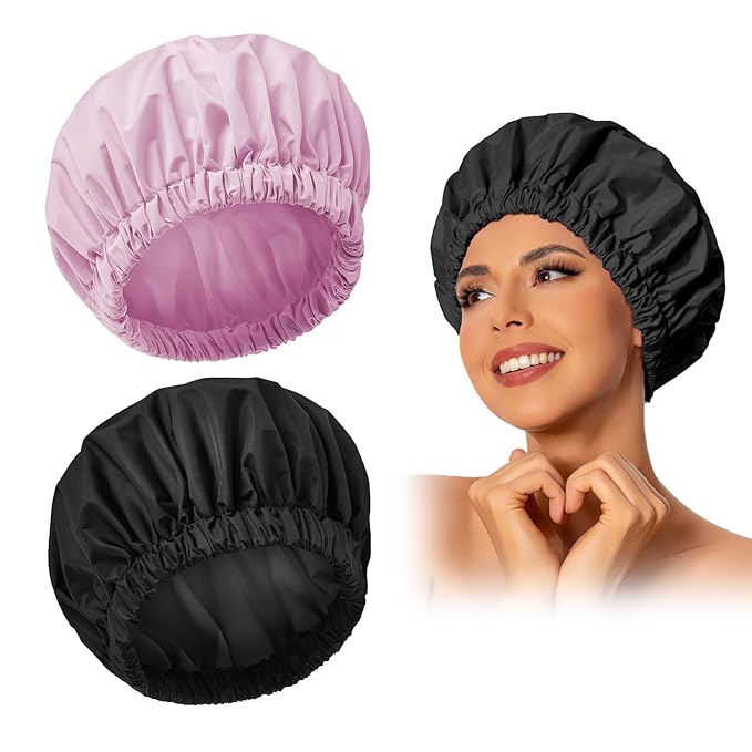 Reusable Shower Cap for Women, Large Waterproof Shower Bonnet Washable Elastic by Edoneery