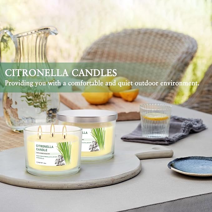 Citronella Candle Outdoor 2-Pack - 14oz Each 3-Wick Candles in Clear Glass Jars - Image 3