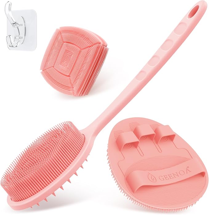 Silicone Back & Face Scrubber & Bath Glove Set 3PCS, 13.4'' Gentle Back Scrubber by GEENOA