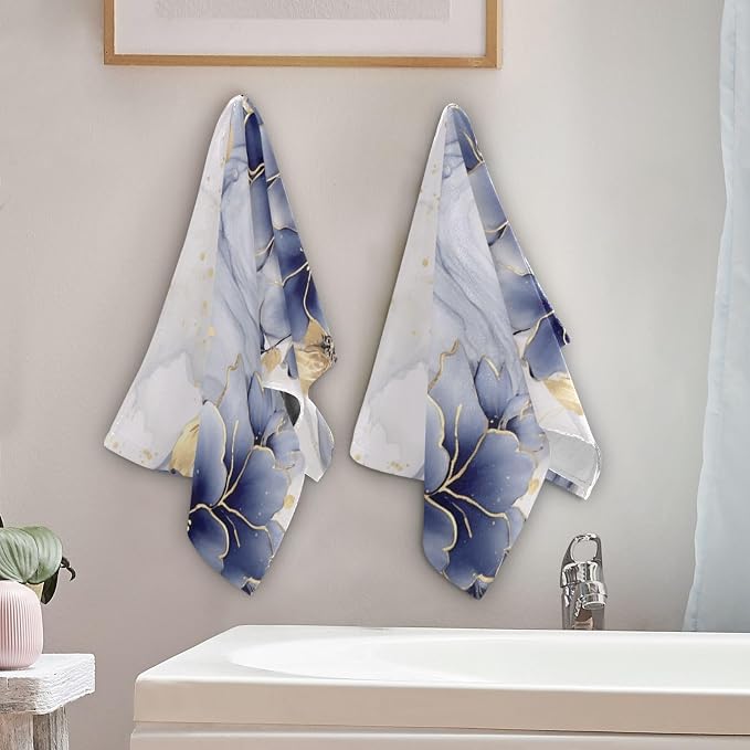 Abstract Blue Golden Floral Leaves Hand Towels - Image 3