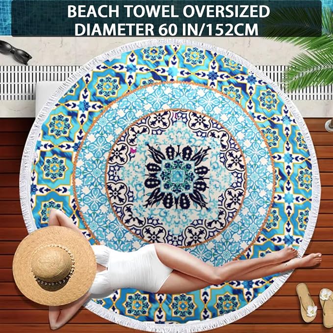 Pafusen Round Mandala Beach Towel Blanket/Boho Hippie Tapestry, Roundie Yoga - Image 7
