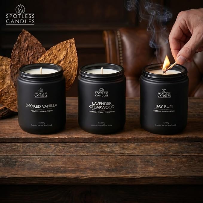 Mens Candle 3 x 8oz Pack Smoked Vanilla Bay Rum and Lavender Cedarwood Scents - Image 8