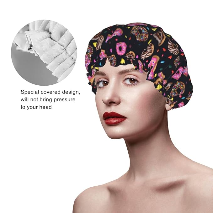 Doughnut Donuts Shower Cap For Women Reusable Waterproof Double Layers Bath Cap - Image 3