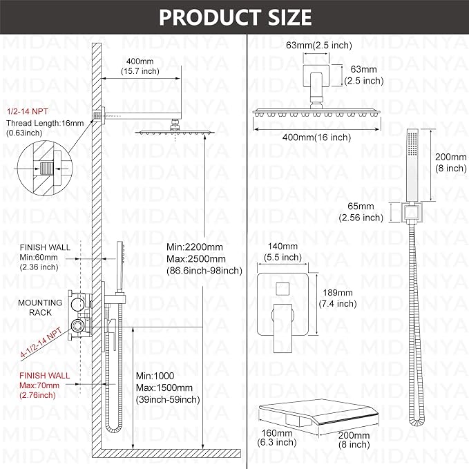 Midanya Shower System with Tub Spout, Bathtub Shower Faucet Set with Square - Image 5
