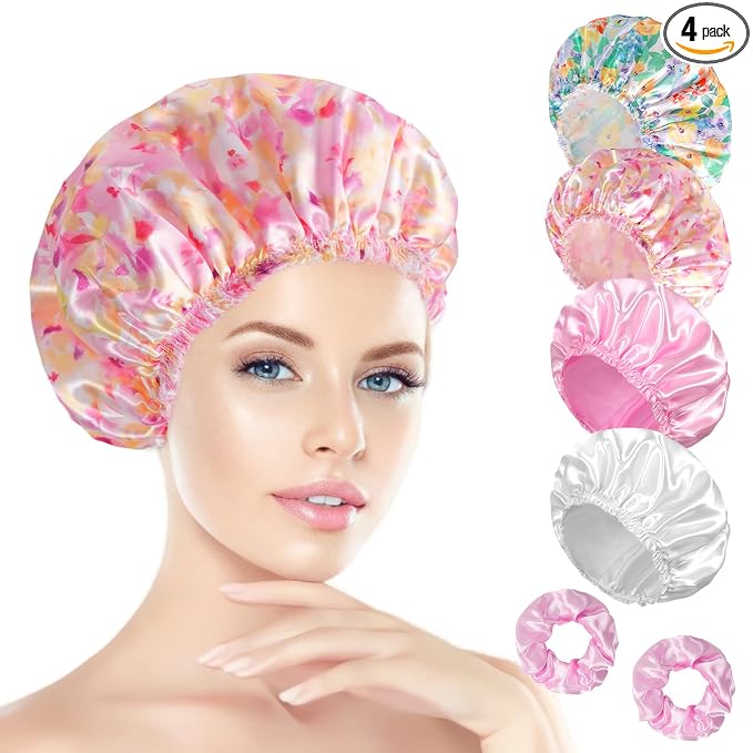 Shower Cap for Women Set of 4, Bath Caps, Double Layers Hair Caps + 3 Satin by HAPPTIGERDIRECT