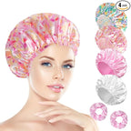 Shower Cap for Women Set of 4, Bath Caps, Double Layers Hair Caps + 3 Satin by HAPPTIGERDIRECT