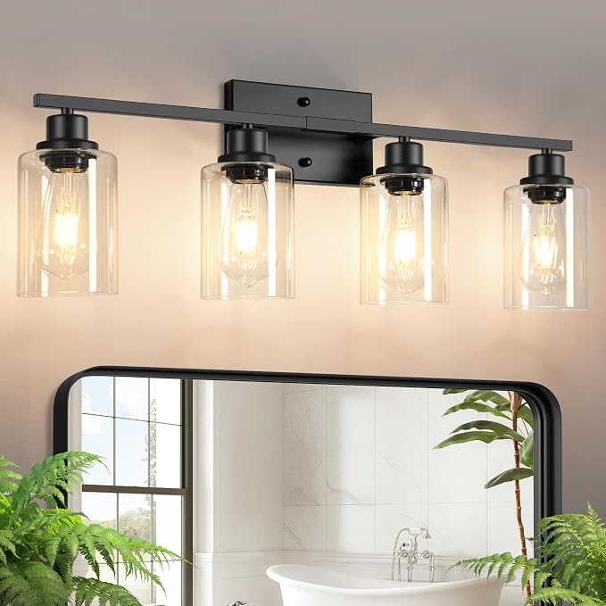 Ascher Bathroom Light Fixtures, 4-Light Vanity Light Over Mirror, Matte Black by Ascher