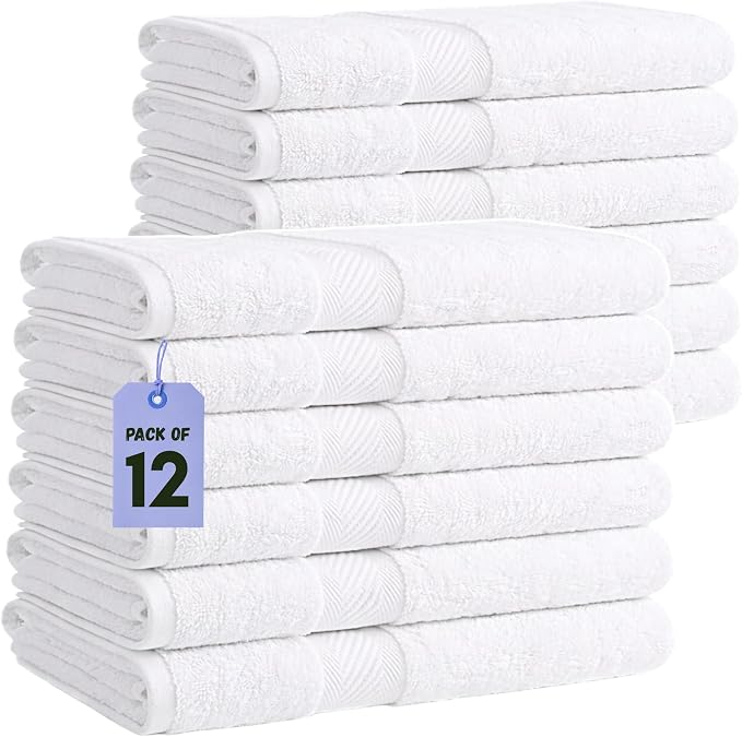 Pearl Linens Pack of 12 100% Cotton Bath Towels – 24x48 Quick-Dry, Lightweight by PearlLinens