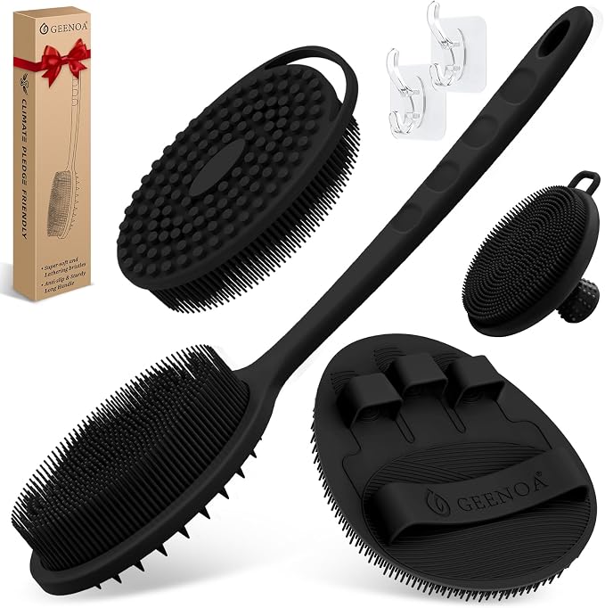 Silicone Back/Body/Face Scrubber & Soft Bath Glove Set 4PCS, Gentle Exfoliating by GEENOA