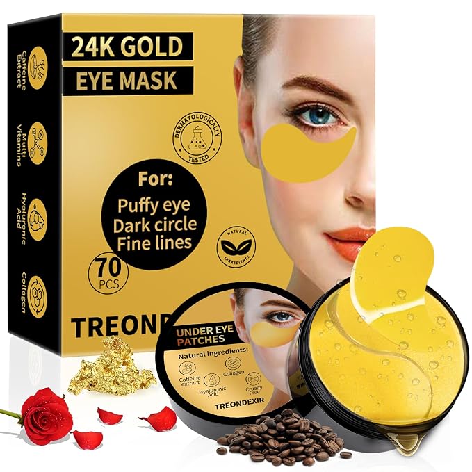 24K Gold Eye Masks for Dark Circles and Puffiness 70PCS, Under Eye Patches for by Treondexir