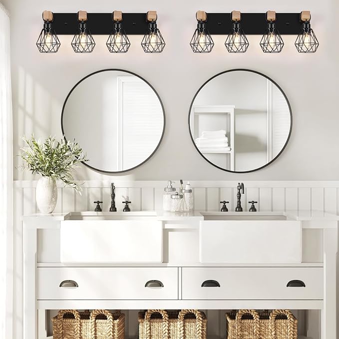 FadimiKoo 4-Light Farmhouse Bathroom Light Fixtures Over Mirror, Rustic Wood - Image 5