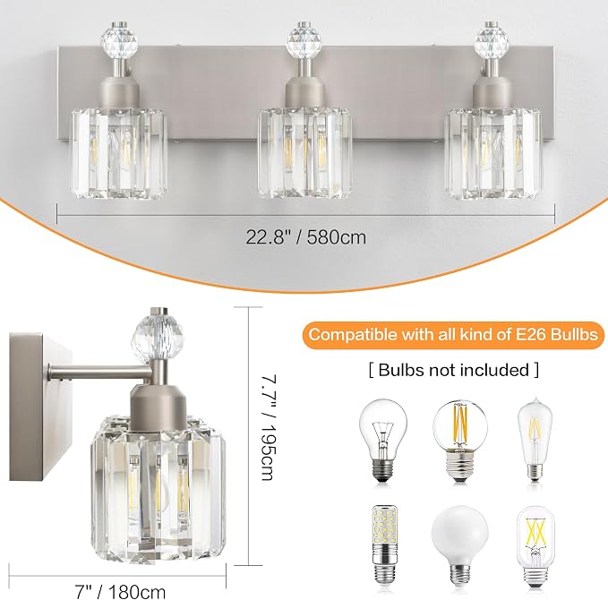 PRESDE 3-Light Crystal Bathroom Vanity Light, Brushed Nickel Bath Lighting Over - Image 3