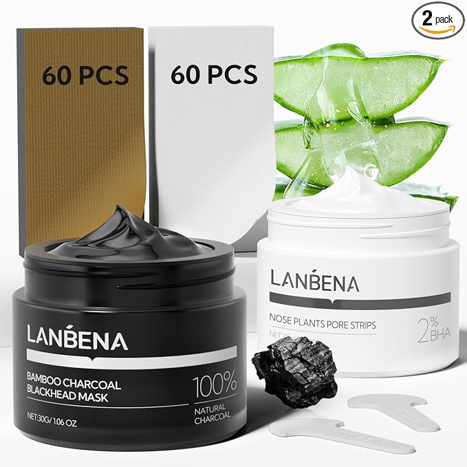 LANBENA 2-Pack Pore Strips: 2% Salicylic Acid BHA Nose Strips + Bamboo Charcoal by LANBENA