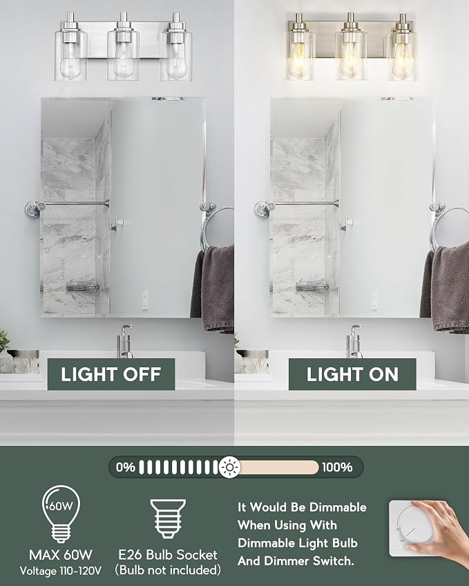3-Light Bathroom Light Fixtures, Brushed Nickel Vanity Light - Image 6