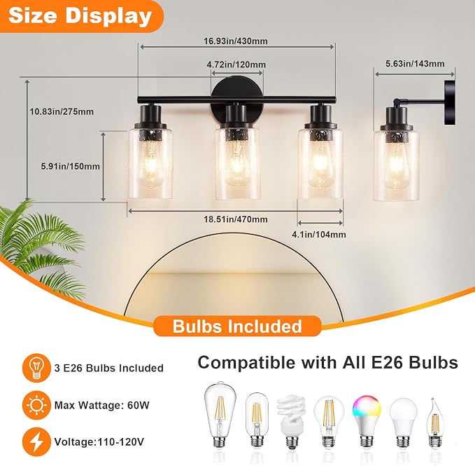 DLLT 3-Light Bathroom Light Fixtures: Black Modern Vanity Lights - Image 3