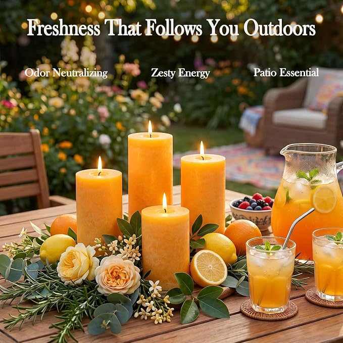 Orange Lemongrass Scented Pillar Candles 4 Pack, 60 Hours Long Lasting Burn - Image 2
