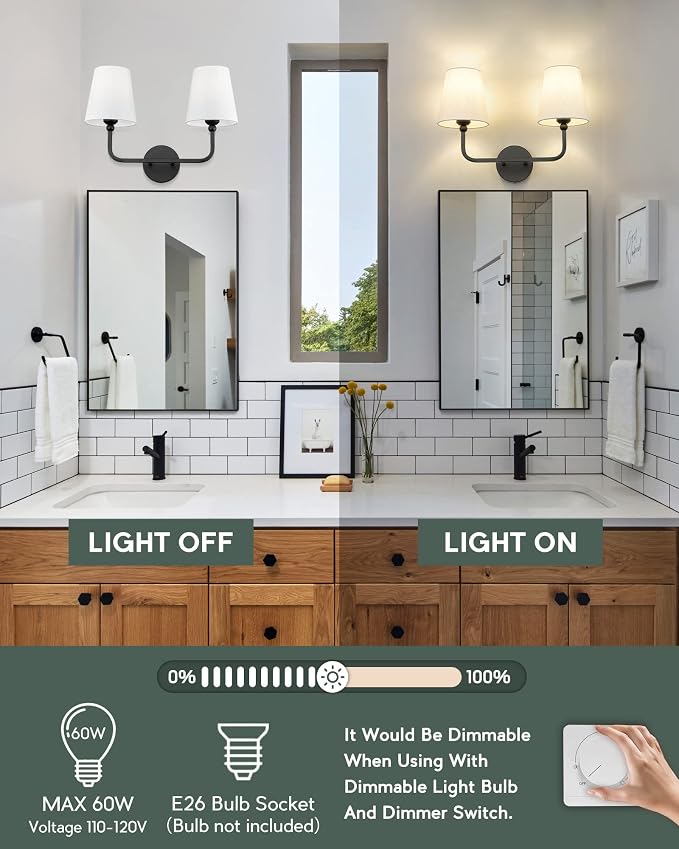 2-Light Bathroom Light Fixtures, Matte Black Vanity Lights, Double Wall Sconce - Image 3